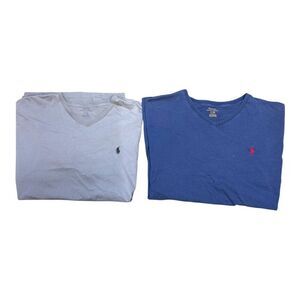 Lot of 2 Polo Ralph Lauren Mens V-Neck T-Shirts LG Gray & Blue Cotton Blend Logo